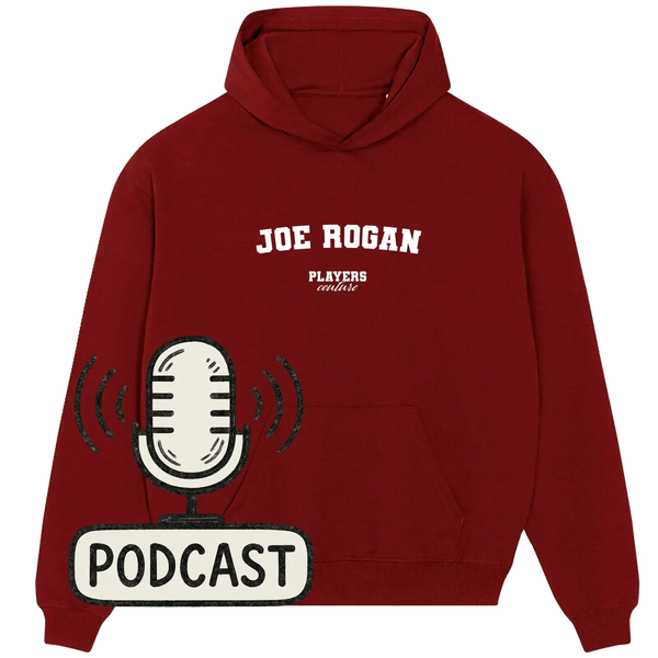 Burgundy Players Couture hoodie with Joe Rogan podcast graphic and bold white text.