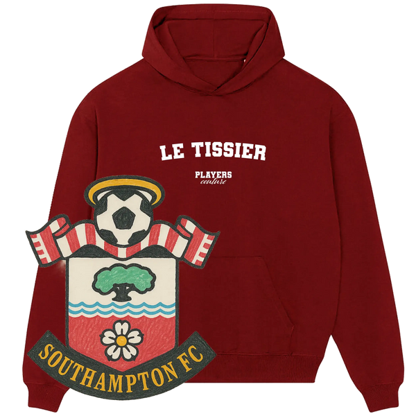 Maroon Players Couture Le Tissier hoodie with Southampton FC crest, premium sports fashion