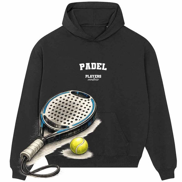 Black Players Couture hoodie with 'PADEL' text, padel racket and ball graphic, sports fashion