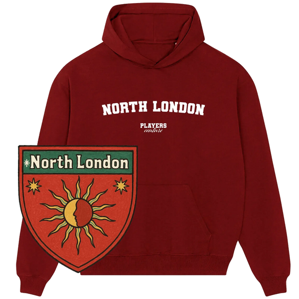 Maroon North London hoodie by Players Couture with sun crest patch, premium sports fashion