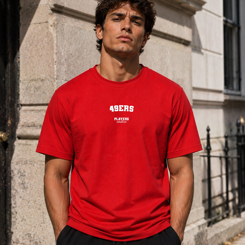 49ers Men's T-Shirt — lifestyle photo, Red t-shirt