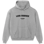Grey Players Couture hoodie with Luis Suarez text, premium sports fashion fanwear for men