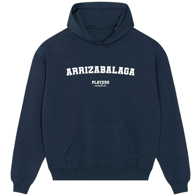 Arrizabalaga hoodie – navy men's hoodie with white Arrizabalaga letters and Players Couture logo on the chest