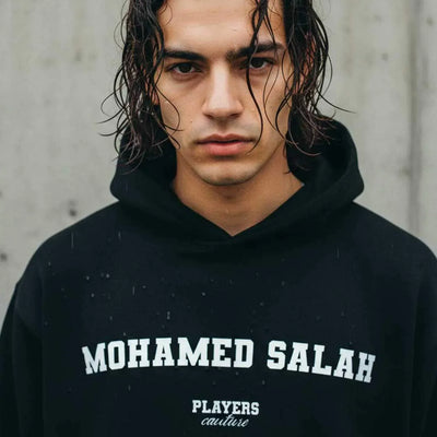Mohamed Salah hoodie – navy men's hoodie with white Mohamed Salah letters and Players Couture logo on the chest