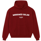 Mohamed Salah hoodie – close-up of white Mohamed Salah lettering and Players Couture logo on the chest
