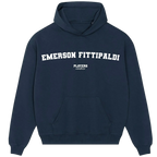 Emerson Fittipaldi hoodie – navy men's hoodie with white Emerson Fittipaldi letters and Players Couture logo on the chest