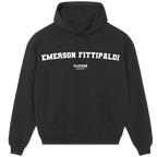 Emerson Fittipaldi hoodie – grey men's hoodie with black Emerson Fittipaldi letters and Players Couture logo on the chest