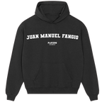 Juan Manuel Fangio hoodie – grey men's hoodie with black Juan Manuel Fangio letters and Players Couture logo on the chest