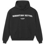 Sebastian Vettel hoodie – grey men's hoodie with black Sebastian Vettel letters and Players Couture logo on the chest