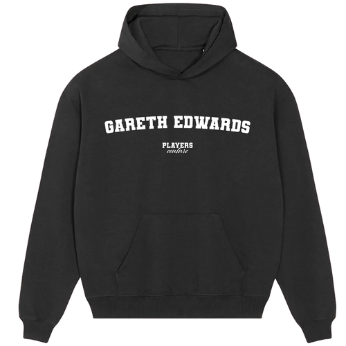 Gareth Edwards hoodie – black men's hoodie with white Gareth Edwards letters and Players Couture logo on the chest
