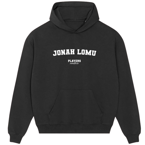 Jonah Lomu hoodie – navy men's hoodie with white Jonah Lomu letters and Players Couture logo on the chest