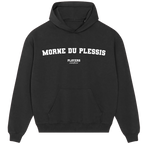 Morne du Plessis hoodie – black men's hoodie with white Morne du Plessis letters and Players Couture logo on the chest