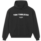 Tom Trbojevic hoodie – grey men's hoodie with black Tom Trbojevic letters and Players Couture logo on the chest