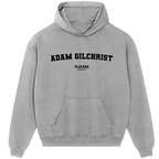 Adam Gilchrist hoodie – black men's hoodie with white Adam Gilchrist letters and Players Couture logo on the chest