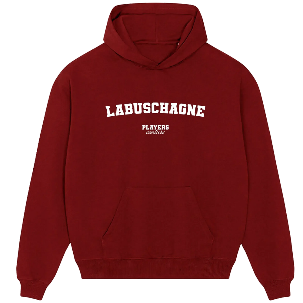 Labuschagne hoodie – red men's hoodie with white Labuschagne letters and Players Couture logo on the chest