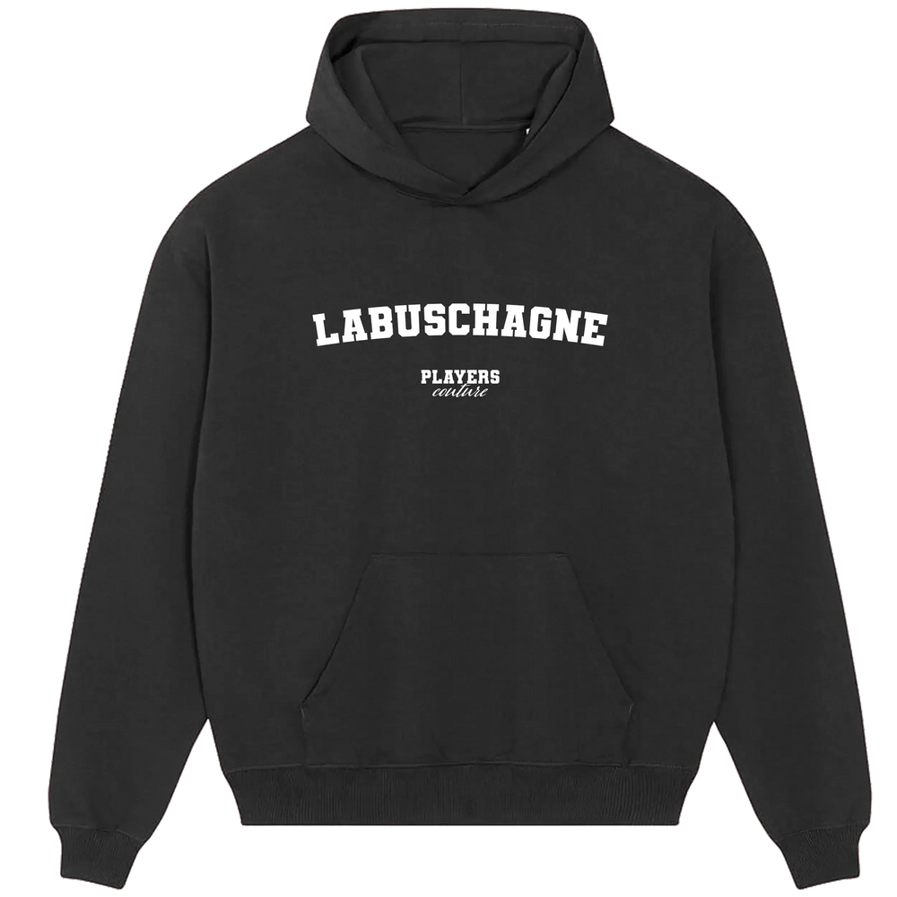 Labuschagne hoodie – grey men's hoodie with black Labuschagne letters and Players Couture logo on the chest