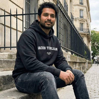 Sachin Tendulkar hoodie – navy men's hoodie with white Sachin Tendulkar letters and Players Couture logo on the chest