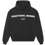 Demetrious Johnson hoodie – grey men's hoodie with black Demetrious Johnson letters and Players Couture logo on the chest