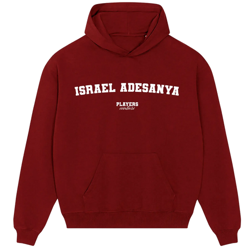 Israel Adesanya hoodie – black men's hoodie with white Israel Adesanya letters and Players Couture logo on the chest