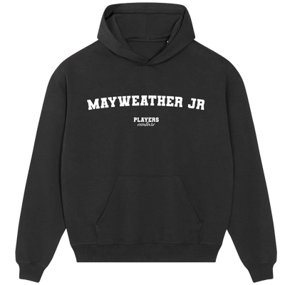 Mayweather JR hoodie – navy men's hoodie with white Mayweather JR letters and Players Couture logo on the chest