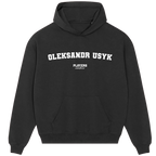 Oleksandr Usyk hoodie – grey men's hoodie with black Oleksandr Usyk letters and Players Couture logo on the chest