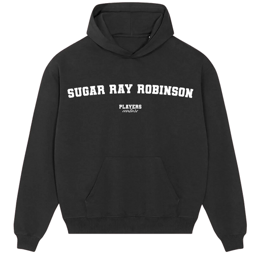 Sugar Ray Robinson hoodie – navy men's hoodie with white Sugar Ray Robinson letters and Players Couture logo on the chest