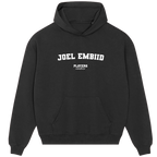Joel Embiid hoodie – grey men's hoodie with black Joel Embiid letters and Players Couture logo on the chest