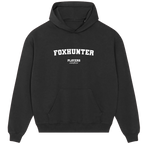 Foxhunter hoodie – close-up of white Foxhunter lettering and Players Couture logo on the chest