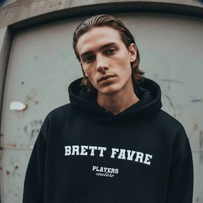 Brett Favre hoodie – navy men's hoodie with white Brett Favre letters and Players Couture logo on the chest
