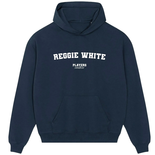Reggie White hoodie – black men's hoodie with white Reggie White letters and Players Couture logo on the chest
