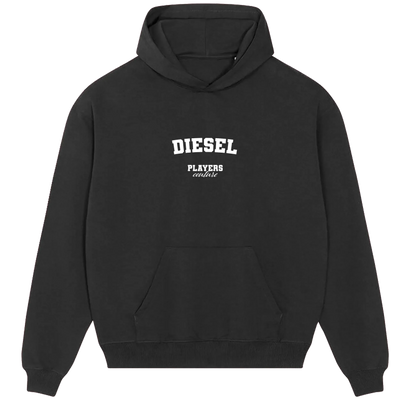 Diesel hoodie – navy men's hoodie with white Diesel letters and Players Couture logo on the chest