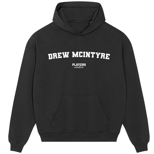 Drew McIntyre hoodie – black men's hoodie with white Drew McIntyre letters and Players Couture logo on the chest