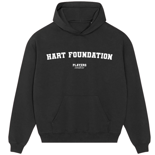 Hart Foundation hoodie – navy men's hoodie with white Hart Foundation letters and Players Couture logo on the chest