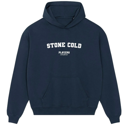 Stone Cold hoodie – navy men's hoodie with white Stone Cold letters and Players Couture logo on the chest