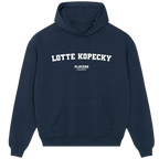 Lotte Kopecky hoodie – navy men's hoodie with white Lotte Kopecky letters and Players Couture logo on the chest