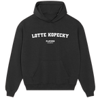 Lotte Kopecky hoodie – grey men's hoodie with black Lotte Kopecky letters and Players Couture logo on the chest