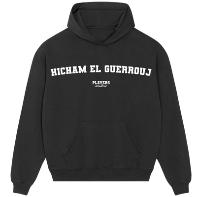 Hicham El Guerrouj hoodie – navy men's hoodie with white Hicham El Guerrouj letters and Players Couture logo on the chest