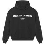Michael Johnson hoodie – navy men's hoodie with white Michael Johnson letters and Players Couture logo on the chest