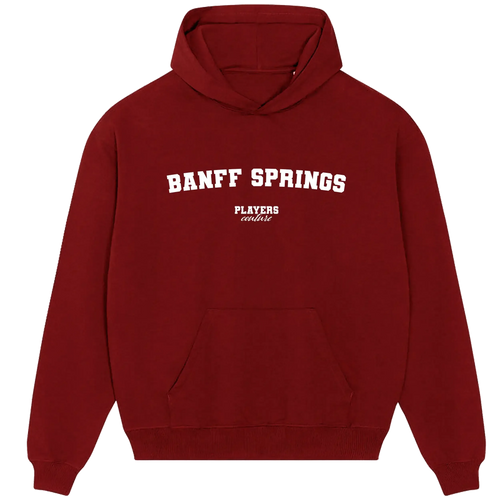 Banff Springs hoodie – navy men's hoodie with white Banff Springs letters and Players Couture logo on the chest