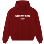 Roberto Leti (Raúl) hoodie – red men's hoodie with white Roberto Leti (Raúl) letters and Players Couture logo on the chest