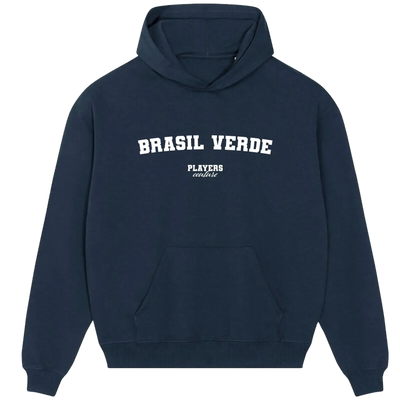 Brasil Verde (Brazil) hoodie – navy men's hoodie with white Brasil Verde (Brazil) letters and Players Couture logo on the