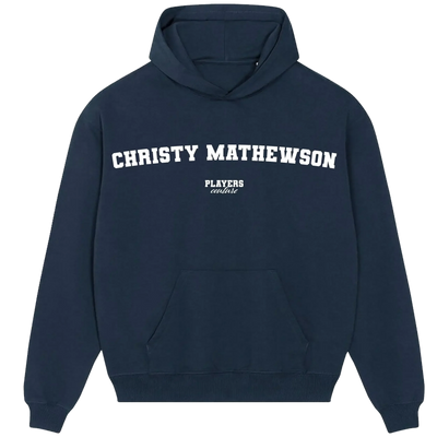 Christy Mathewson hoodie – navy men's hoodie with white Christy Mathewson letters and Players Couture logo on the chest