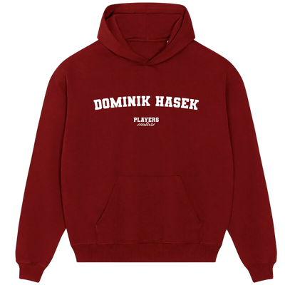 Dominik Hasek hoodie – navy men's hoodie with white Dominik Hasek letters and Players Couture logo on the chest