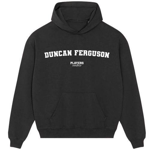 Duncan Ferguson hoodie – black men's hoodie with white Duncan Ferguson letters and Players Couture logo on the chest