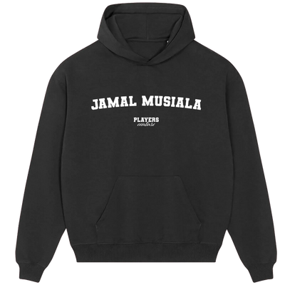 Jamal Musiala hoodie – navy men's hoodie with white Jamal Musiala letters and Players Couture logo on the chest