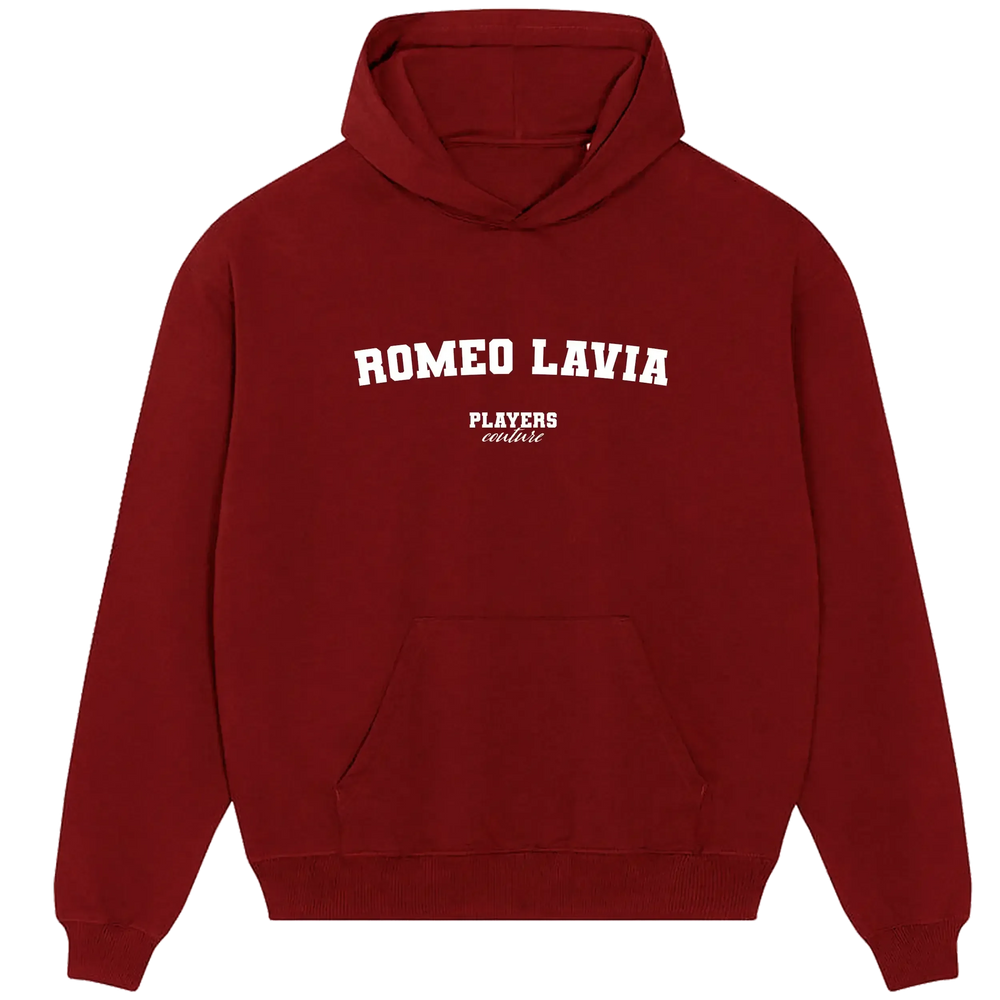 Romeo Lavia hoodie – red men's hoodie with white Romeo Lavia letters and Players Couture logo on the chest
