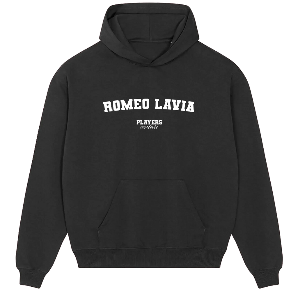 Romeo Lavia hoodie – grey men's hoodie with black Romeo Lavia letters and Players Couture logo on the chest