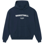 Basketball hoodie – navy men's hoodie with white Basketball letters and Players Couture logo on the chest