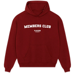 Members Club hoodie – close-up of white Members Club lettering and Players Couture logo on the chest