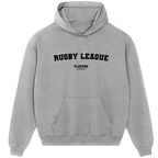Rugby League hoodie – red men's hoodie with white Rugby League letters and Players Couture logo on the chest